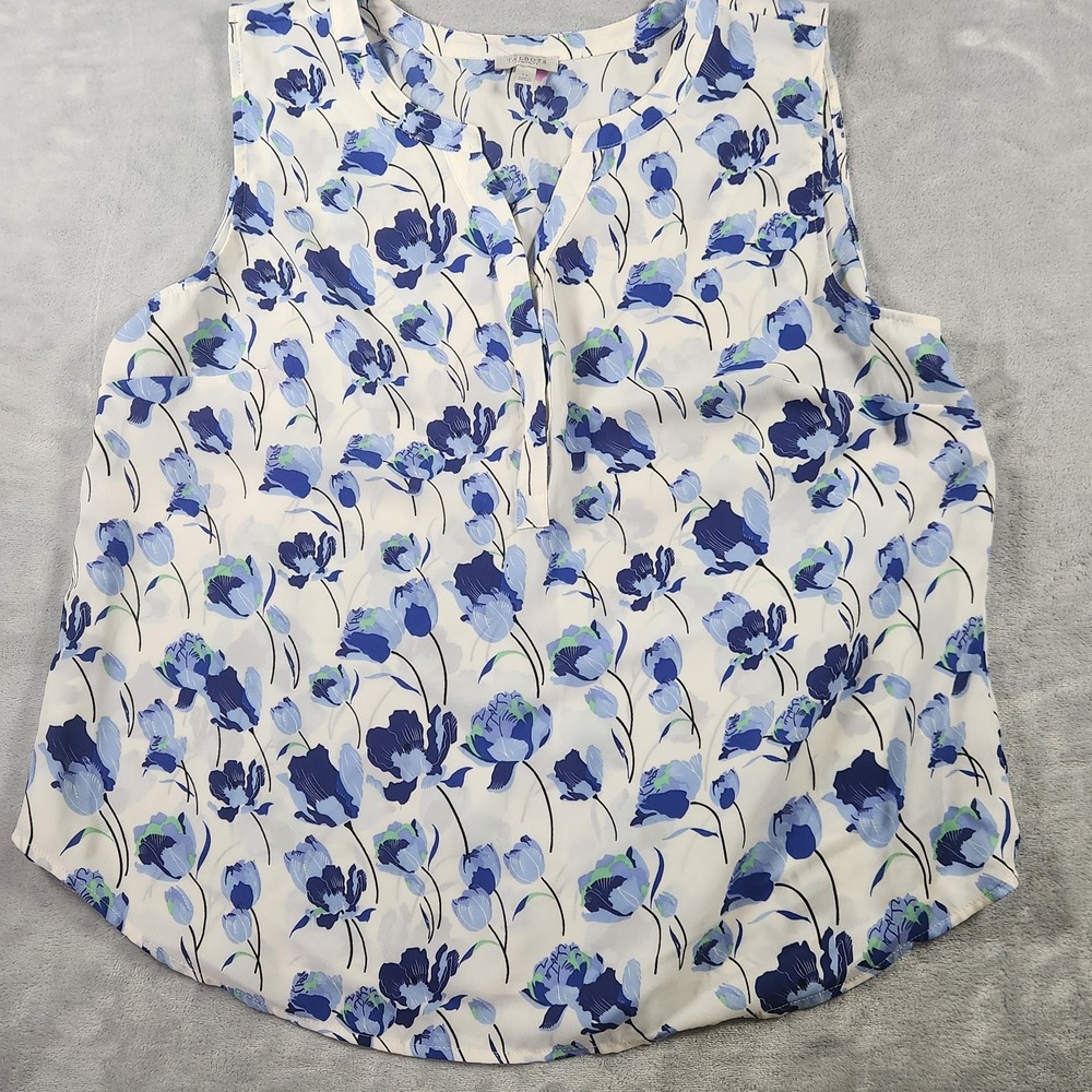 Talbots White Blue Floral Print Top Sleeveless V-Neck Large Petite
